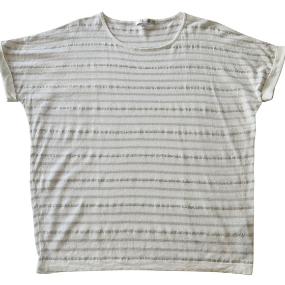 Boden US 18 sequin Top Shirt Sweater Beige Silver Striped Short Sleeve linen - Picture 1 of 6